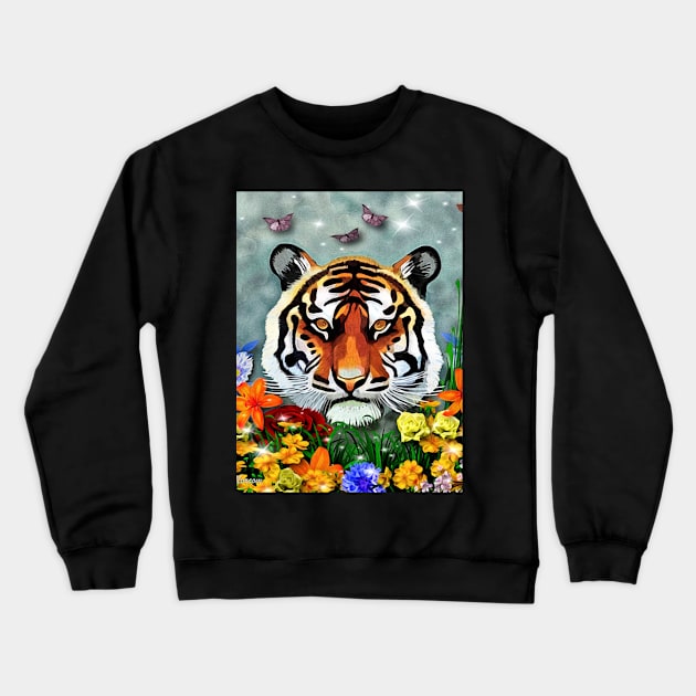 Tiger and Flowers Crewneck Sweatshirt by KC Morcom aka KCM Gems n Bling aka KCM Inspirations